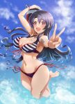  1girl bangs barefoot bikini black_hair breasts clouds cloudy_sky full_body highres idolmaster idolmaster_million_live! idolmaster_million_live!_theater_days jewelry kakiken large_breasts long_hair looking_at_viewer navel necklace open_mouth red_eyes sky smile solo sparkle striped striped_bikini swimsuit takayama_sayoko v volleyball 