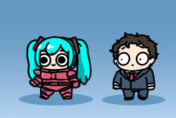  1boy 1girl afei_(sfma3248) blue_pants blue_suit brown_hair char's_counterattack chibi cosplay english_commentary gaping gloves green_hair gundam gundam_hathaway's_flash hair_ornament hathaway_noa hatsune_miku long_hair pants pilot_suit quess_paraya quess_paraya_(cosplay) red_gloves red_suit short_hair smile suit twintails vocaloid wide-eyed 