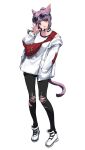  1girl absurdres animal_ears avatar_(ff14) bangs black_legwear cat_ears cat_girl cat_tail eyebrows_visible_through_hair facial_mark fanny_pack final_fantasy final_fantasy_xiv hand_in_pocket hand_up highres jacket long_sleeves looking_at_viewer miqo&#039;te open_clothes open_jacket open_mouth pantyhose ponytail purple_hair shirt shisantian shoes simple_background smile solo standing tail torn_clothes torn_legwear violet_eyes whisker_markings white_background white_footwear white_jacket white_shirt 