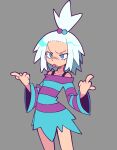 1girl angry bacun blue_eyes bra_strap double_middle_finger dress forehead freckles hair_bobbles hair_ornament middle_finger pokemon pokemon_(game) pokemon_bw2 roxie_(pokemon) solo spiky_hair striped striped_dress tongue tongue_out topknot two-tone_dress white_hair 