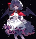  1girl absurdres bat_wings black_background brooch capelet closed_mouth commentary constellation cowboy_shot dress frilled_dress frills hat highres jewelry light_smile long_sleeves looking_at_viewer medium_hair mob_cap neckerchief purple_hair red_capelet red_eyes red_neckerchief remilia_scarlet shi_chimi skirt_hold solo star_(sky) touhou white_dress white_headwear wings 