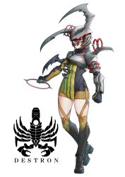  1girl arthropod_girl beetle_girl bodysuit boots commentary cyborg eidenjyou1997 english_commentary fake_horns full_body genderswap genderswap_(mtf) helmet highres holding holding_hoop hoop horned_helmet horns kaijin kamen_rider kamen_rider_v3_(series) logo monster_girl red-tinted_eyewear shorts simple_background solo thigh_boots thighs tinted_eyewear wanage_kuwagata white_background 