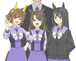  1boy 3girls ;d ^_^ absurdres alternate_costume animal_ears arms_behind_back black_cardigan black_hair bow bowtie brown_hair business_suit cardigan closed_eyes ear_covers ear_ornament facing_viewer flipped_hair formal green_eyes hands_in_pockets highres honda_mio horse_ears horse_girl horse_tail idolmaster idolmaster_cinderella_girls index_finger_raised jewelry kopperion long_hair long_sleeves looking_at_viewer multiple_girls necklace new_generations_(idolmaster) one_eye_closed pleated_skirt producer_(idolmaster) producer_(idolmaster_cinderella_girls_anime) purple_shirt purple_skirt sailor_collar sailor_shirt school_uniform shibuya_rin shimamura_uzuki shirt short_hair skirt smile suit tail tracen_school_uniform umamusume white_bow white_bowtie winter_uniform 