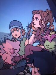  1boy 2girls blue_sky brown_hair closed_eyes commentary digimon digimon_(creature) english_commentary gabriel_picolo glasses gloves green_shirt hair_tie hat highres hood kido_jo looking_ahead looking_at_viewer multiple_girls palmon piyomon ponytail sandals shirt short_hair sidelocks sky sleeping sleeveless sleeveless_shirt smile tachikawa_mimi takenouchi_sora 