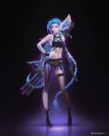  1girl absurdres arcane:_league_of_legends bare_shoulders blue_hair boots braid braided_ponytail breasts elbow_gloves fanfoxy fingerless_gloves gloves gun highres holding holding_gun holding_weapon jinx_(league_of_legends) league_of_legends long_hair looking_at_viewer pants pink_eyes red_lips single_thighhigh small_breasts thigh-highs weapon 