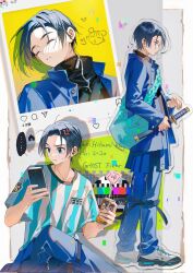  1boy aqua_bag black_hair black_shirt blue_eyes blue_jacket blue_pants can cellphone closed_eyes drink_can full_body ghost_fixers highres holding holding_can holding_phone holding_sword holding_weapon jacket kagome_hifumi katana multiple_views pants parted_lips phone shirt shoes short_hair short_sword sitting smartphone sneakers soda_can standing striped_clothes striped_shirt sword tidsean vertical-striped_clothes vertical-striped_shirt weapon white_footwear 