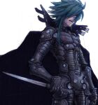 1boy armor black_cape blood breastplate cape clawed_gauntlets fantasy gauntlets green_hair hair_over_eyes holding holding_sword holding_weapon long_hair male_focus meimaru_inuchiyo open_mouth original reverse_grip scar scar_on_face simple_background sketch solo spiky_hair sword teeth upper_teeth vambraces weapon white_background 