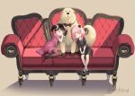  2girls ahoge animal anya_(spy_x_family) bangs becky_blackbell black_dress black_footwear black_hair black_legwear bond_(spy_x_family) brown_background closed_eyes closed_mouth commentary couch dog dress english_commentary facing_viewer highres long_sleeves multiple_girls on_couch pantyhose parted_lips pink_dress pink_hair puffy_short_sleeves puffy_sleeves red_footwear shadow shoes short_sleeves signature smile spy_x_family twintails white_legwear you_ni_ge_shaobing 