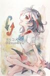  1girl 2zuz4hru artist_name black_hair commentary_request dress fangs horns kijin_seija painting_(medium) puffy_short_sleeves puffy_sleeves red_eyes short_hair short_sleeves simple_background slippers touhou traditional_media twitter_username watercolor_(medium) watermark white_background white_dress 