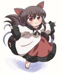  1girl :3 animal_ears barefoot blush brown_hair closed_mouth dress eyebrows_visible_through_hair full_body hair_between_eyes imaizumi_kagerou long_hair long_sleeves outstretched_arms red_eyes rokugou_daisuke signature simple_background smile solo spread_arms tail touhou white_background white_dress wide_sleeves wolf_ears wolf_tail 