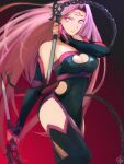  1girl cleavage_cutout clothing_cutout facial_mark fate/grand_order fate_(series) forehead forehead_mark highres long_hair medusa_(fate) medusa_(rider)_(fate) medusa_(rider)_(third_ascension)_(fate) moedredd nameless_dagger_(fate) pink_hair red_background solo square_pupils very_long_hair violet_eyes 