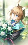  1girl :d absurdres amiya_(arknights) animal_ears arknights ascot black_jacket blue_ascot blue_collar blue_eyes bouquet brown_hair collar flower hair_between_eyes highres holding holding_bouquet jacket long_hair looking_at_viewer open_clothes open_jacket open_mouth ponytail rabbit_ears sidelocks smile solo upper_body uza white_flower 