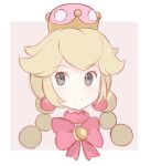  1girl artist_name blonde_hair bow braid chocomiru commentary crown dress earrings english_commentary jewelry long_hair looking_at_viewer new_super_mario_bros._u_deluxe open_mouth paint.net_(medium) peachette pink_background pink_bow pink_dress smile solo sparkle super_crown super_mario_bros. twin_braids twintails upper_body 
