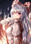 1girl absurdres bow breasts closed_mouth commentary_request eyebrows_visible_through_hair fire flame from_side fujiwara_no_mokou grey_hair hair_between_eyes hair_bow hair_over_one_eye hand_on_own_shoulder highres juliet_sleeves long_hair long_sleeves looking_at_viewer looking_to_the_side maboroshi_mochi medium_breasts puffy_sleeves red_eyes shiny shiny_hair shirt solo suspenders touhou upper_body very_long_hair white_bow white_shirt 