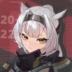  1girl absurdres animal_ears arknights black_hairband black_jacket chinese_text closed_mouth commission english_text eyelashes grey_hair hair_intakes hairband highres jacket long_hair looking_at_viewer mole mole_under_eye mouse_ears official_alternate_costume orange_eyes ponytail portrait qingshiliu red_background scavenger_(arknights) scavenger_(survive)_(arknights) smile solo tsurime 