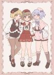  3girls ;d ;o absurdres alternate_costume bangs beret black_bow black_footwear black_headwear black_shorts black_vest blonde_hair blue_eyes blue_hair blush bobby_socks border bow bowtie brown_eyes brown_hair buttons capelet chain dot_nose eyebrows_visible_through_hair footwear_bow frilled_legwear frilled_shirt frilled_shorts frilled_sleeves frills full_body green_bow green_neckerchief hand_up hat hat_bow high-waist_shorts highres jabot kneehighs legwear_garter long_sleeves looking_at_viewer lunasa_prismriver lyrica_prismriver mary_janes merlin_prismriver multiple_girls musical_note neck_ribbon neckerchief one_eye_closed one_side_up open_mouth pantyhose pink_capelet pink_headwear pink_shorts puffy_shorts purple_bow purple_bowtie red_bow red_headwear red_ribbon red_sailor_collar red_shorts ribbon sailor_collar sakurasaka shirt shoes short_hair shorts sleeve_bow smile socks suspender_shorts suspenders swept_bangs touhou vest wavy_hair white_background white_legwear white_shirt yellow_eyes 