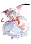  1girl absurdres bangs bat_wings blue_hair bow commentary cup flower full_body hair_between_eyes hat hat_ribbon highres holding holding_cup long_skirt looking_at_viewer mob_cap omodaka_romu open_mouth puffy_short_sleeves puffy_sleeves red_bow red_eyes red_footwear red_ribbon remilia_scarlet ribbon shirt shoes short_hair short_sleeves skirt solo sugar_cube teacup teaspoon touhou waist_bow white_headwear white_legwear white_shirt white_skirt wings 