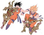  2boys animal_ears battle bendedede black_hair blonde_hair clenched_hand crossover dougi dragon_ball dragon_ball_z elbowing five_nights_at_freddy&#039;s in_the_face kicking looking_at_another male_focus multiple_boys multiple_views rabbit_ears short_hair son_goku spiky_hair springtrap super_saiyan super_saiyan_1 