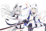  2girls animal_ears azur_lane blue_eyes blue_neckerchief crossover fox_ears fox_girl fox_shadow_puppet fox_tail green_eyes highres holding holding_sword holding_weapon hololive kawakaze_(azur_lane) kawakaze_(unsullied_white_fox)_(azur_lane) multiple_girls navel neckerchief shirakami_fubuki sword tail virtual_youtuber weapon white_hair yukishiro_haku 