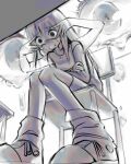  1girl @_@ bangs chair crossed_arms eyebrows_visible_through_hair eyelashes from_below ghost greyscale hair_between_eyes highres long_hair long_sleeves monochrome original scared shoes sitting socks strovi sweat table tears wide-eyed 