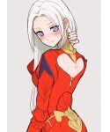  1girl back_cutout blush bruise clothing_cutout dress edelgard_von_hresvelg eyebrows_visible_through_hair fire_emblem fire_emblem:_three_houses grey_background highres holding holding_hair injury long_hair long_sleeves looking_back nieto_tokage red_dress simple_background solo sweatdrop violet_eyes white_hair 