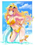  1girl ahoge bikini blonde_hair blue_sky blush breasts clouds commentary_request contrapposto eyewear_on_head flame_print floating_hair grin halterneck hand_on_hip hand_on_own_thigh highres iesupa large_breasts leaning_forward leg_ribbon long_hair looking_at_viewer prosthesis prosthetic_arm ribbon rwby scrunchie sky smile solo sunglasses swimsuit thigh_ribbon violet_eyes wading water wavy_hair wrist_scrunchie yang_xiao_long yellow_ribbon 