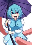  1girl bangs blue_eyes blue_hair blue_skirt blue_vest blush breasts commentary_request cowboy_shot eyebrows_visible_through_hair hair_between_eyes heterochromia highres holding holding_umbrella horus414 impossible_clothes impossible_vest large_breasts long_sleeves looking_at_viewer open_mouth purple_umbrella red_eyes shirt short_hair simple_background skirt smile solo tatara_kogasa tongue touhou umbrella vest white_background white_shirt 