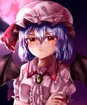  1girl absurdres bat_wings black_wings breasts brooch center_frills closed_mouth collared_shirt commentary_request crossed_arms eyebrows_visible_through_hair falling_star fingernails frilled_shirt_collar frilled_sleeves frills frown hair_between_eyes hat hat_ribbon highres jewelry looking_at_viewer maboroshi_mochi mob_cap moon nail_polish orange_eyes outdoors pink_headwear pink_shirt puffy_short_sleeves puffy_sleeves purple_hair purple_sky red_moon red_nails red_ribbon remilia_scarlet ribbon sharp_fingernails shirt short_hair short_sleeves sky small_breasts solo star_(sky) starry_sky touhou upper_body v-shaped_eyebrows wings yellow_brooch 
