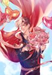 1boy :d artem_wing_(tears_of_themis) balloon blue_jacket blue_sky bouquet cape closed_eyes clouds cloudy_sky flower gloves grin holding holding_bouquet jacket jia_yoo long_sleeves open_mouth pink_flower pink_rose red_cape rose short_hair sky smile solo tears_of_themis teeth white_gloves 