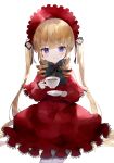  1girl bangs blonde_hair blue_eyes capelet closed_mouth cup dress drill_locks eyebrows_visible_through_hair headdress highres holding holding_cup lolita_fashion long_hair long_sleeves looking_at_viewer red_capelet red_dress rozen_maiden shinku simple_background solo teacup toufu_mentaru_zabuton twintails violet_eyes white_background 