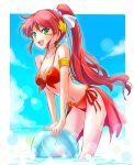  1girl :d armlet ball beach beachball bikini blue_sky border clouds cloudy_sky commentary_request day earrings floating_hair forehead_protector gold_choker gold_trim green_eyes halterneck highres iesupa jewelry leaning_forward lens_flare long_hair looking_at_viewer navel open_mouth outdoors outside_border ponytail pyrrha_nikos redhead rwby side-tie_bikini sky smile solo stomach swimsuit teeth upper_teeth wading white_border 
