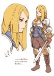  1girl agrias_oaks armor blonde_hair boots braid braided_ponytail brown_eyes closed_mouth final_fantasy final_fantasy_tactics gloves hounori long_hair simple_background single_braid solo sword weapon white_background 