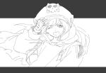  1girl backpack bag bangs clothing_cutout eyebrows_visible_through_hair fingerless_gloves gloves grey_background greyscale guilty_gear guilty_gear_strive hand_on_headwear hannim_7h hat hat_ornament hatching_(texture) hood hood_down hoodie long_hair may_(guilty_gear) monochrome one_eye_closed open_mouth shoulder_cutout simple_background sketch skull skull_hat_ornament smile solo teeth upper_body upper_teeth white_background 