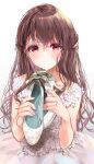  1girl :| bare_shoulders blush braid brown_hair closed_mouth dress highres long_hair looking_at_viewer nail_polish original puracotte red_eyes ribbon shoes simple_background sleeveless solo teardrop tears very_long_hair white_background white_dress 