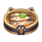  animal_ears artist_request bowl cat_ears commentary english_commentary fish food food_focus game_cg genshin_impact leaf lowres no_humans official_art paw_print pet_bowl pet_food sauce still_life third-party_source transparent_background 
