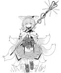  1girl absurdres animal_ear_fluff animal_ears arknights bangs bare_shoulders braid commentary ddari eyebrows_visible_through_hair fox_ears fox_girl fox_tail full_body greyscale hair_between_eyes hair_rings hairband highres holding holding_staff kyuubi looking_at_viewer monochrome multiple_tails open_mouth pantyhose pleated_skirt shirt shoes simple_background skirt solo staff standing suzuran_(arknights) tail twin_braids white_background 