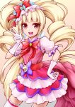  1girl aisaki_emiru blonde_hair cure_macherie dress earrings eyebrows_behind_hair eyeshadow frills gloves hair_ornament heart_pouch hugtto!_precure jewelry looking_at_viewer makeup open_mouth pink_dress pom_pom_(clothes) pom_pom_earrings precure puffy_short_sleeves puffy_sleeves red_ribbon ribbon sash shirt short_sleeves sleeveless sleeveless_dress smile solo ten_(tenchan_man) thigh-highs twintails white_gloves white_legwear white_shirt 