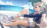  1girl :3 aqua_eyes bangs barefoot blue_dress blue_jacket blunt_bangs bow bowtie cat character_request commentary_request commission dress dutch_angle feet full_body grey_dress grey_hair head_tilt highres hugging_own_legs jacket knee_up legs legwear_removed long_legs long_sleeves looking_at_viewer medium_hair nail_polish nomio ocean ongeki outdoors shadow shiny shiny_skin sidelocks sitting skeb_commission solo sunlight thighs toenail_polish toenails toes white_nails 