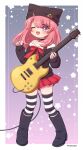  1girl :d animal_hat bangs blush boots cat_hat choker electric_guitar guitar hat hat_pin highres holding holding_instrument holding_plectrum instrument knee_boots long_hair long_sleeves looking_at_viewer miharu_(youkai_watch) off-shoulder_shirt off_shoulder one_eye_closed open_mouth pink_hair pleated_skirt plectrum ribbon shirt skirt sleeves_past_wrists smile solo striped striped_legwear tabana thigh-highs twitter_username violet_eyes youkai_watch youkai_watch_jam:_youkai_gakuen_y 