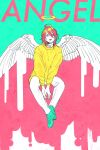  1boy angel_devil_(chainsaw_man) angel_wings between_legs blue_footwear chainsaw_man drgryu750 dripping feathered_wings floating halo hand_between_legs highres long_sleeves looking_to_the_side medium_hair open_mouth pants redhead sitting solo stylistic sweater white_pants wings yellow_sweater 