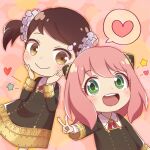  2girls :&gt; :d anya_(spy_x_family) becky_blackbell black_dress brown_eyes brown_hair dmanya dress eden_academy_uniform gold_trim green_eyes hair_cones hands_on_own_cheeks hands_on_own_face heart highres long_sleeves medium_hair multiple_girls pink_background pink_hair round_teeth short_twintails smile spoken_heart spy_x_family star_(symbol) teeth tongue twintails upper_teeth v wing_collar 