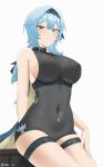  absurdres bangs bare_arms bare_shoulders black_hairband blue_hair bodystocking breasts closed_mouth covered_navel eula_(genshin_impact) genshin_impact hairband highres large_breasts nvl simple_background solo thighs white_background 