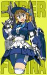  1girl armor armored_dress bangs bike_shorts blue_bow blue_bowtie blue_headwear blue_ribbon bow bowtie breasts character_name clothes_writing cropped_legs dress english_commentary gundam gundam_build_fighters hair_ribbon hat headset highres holding holding_weapon large_breasts looking_at_viewer mecha_musume mizuno_(okn66) open_mouth orange_hair ribbon simple_background solo super_fumina weapon yellow_background 