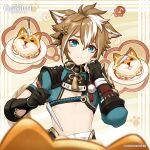  absurdres animal_ears armor artist_request asymmetrical_gloves bangs brown_hair cake closed_mouth dog dog_boy dog_ears english_commentary fingerless_gloves food genshin_impact gloves gorou_(genshin_impact) hair_between_eyes highres holding japanese_armor japanese_clothes logo makeup male_focus official_art paw_print shiba_inu simple_background solo squiggle sweat tassel upper_body white_hair 