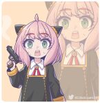  1girl ahoge anya_(spy_x_family) child collared_shirt dot_nose english_commentary eyebrows_visible_through_hair eyelashes fingernails green_eyes gun hairpods holding holding_gun holding_weapon looking_at_viewer medium_hair monja_(monja0521) open_mouth pink_hair shirt sidelocks smoke solo spy_x_family sticker sweat teeth thick_eyebrows twitter_username upper_body upper_teeth weapon white_shirt 