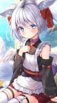  1girl :&lt; absurdres animal_ears apron bangs bare_shoulders belt_collar blurry bokeh breasts closed_mouth collar commentary depth_of_field detached_sleeves dot_nose eyebrows_visible_through_hair fox_ears fox_girl fox_tail frilled_apron frills grey_hair hair_ornament hair_ribbon hand_on_own_chest hazakura_shoha highres long_sleeves looking_at_viewer medium_hair original outdoors rainbow ribbon shadow sitting small_breasts solo tail tears thigh-highs thigh_strap two_side_up violet_eyes water white_apron white_hair white_legwear wide_sleeves wings 