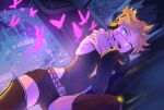  1boy ahoge armpits belt blonde_hair blue_eyes bug butterfly butterfly_tattoo city crossed_arms detached_sleeves facial_tattoo glowing glowing_eyes hands_on_own_shoulders headphones highres hip_vent kagamine_len knee_up latex long_sleeves looking_at_viewer lying male_focus multiple_belts naimaze_atakamo on_ground on_side ponytail punkish_(module) short_hair shorts skin_tight smile tattoo thick_eyebrows thigh-highs tongue tongue_out vocaloid 