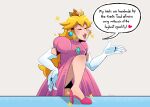  1girl blush crown dress earrings elbow_gloves english_commentary english_text gloves high_heels highres jewelry open_mouth pink_dress pink_footwear princess_peach smile solo sparkle speech_bubble super_mario_bros. thegreyzen white_gloves 