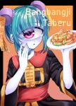  1girl :o azen_(mntimcczgrtn) bangs blue_eyes blush bun_cover chicken_(food) chinese_clothes chinese_food colored_skin cyclops double_bun eyeshadow food hand_on_own_cheek hand_on_own_face highres holding holding_food looking_at_viewer makeup monster_girl multicolored_hair nail_polish ofuda one-eyed original pink_eyes purple_skin sauce solo streaked_hair wide_sleeves 