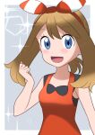  1girl artist_request bad_id bad_pixiv_id bandana bangs blush breasts brown_hair closed_mouth collared_shirt commentary_request eyebrows_visible_through_hair eyelashes gloves grey_eyes hand_on_own_chin hand_up highres may_(pokemon) medium_hair non-web_source pokemon pokemon_(game) pokemon_rse red_bandana red_shirt ririmon shirt short_sleeves signature simple_background solo spoken_squiggle squiggle stroking_own_chin thinking upper_body white_background white_gloves 